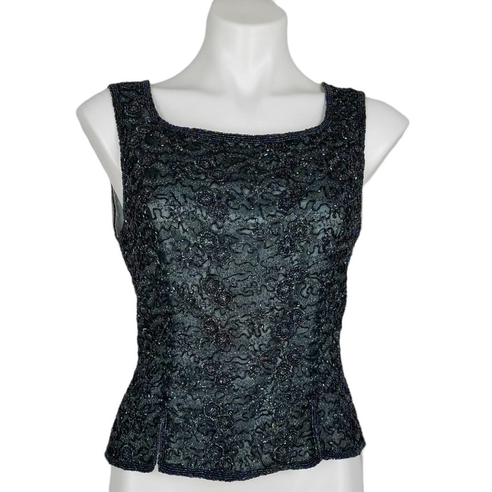 Vintage Adrianna Papell Silk Tank Tank Black Beaded Size 8